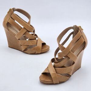 Pour La Victoire Strappy Leather Wedge Platform Heel Sandals Zipper Tan Size 7.5